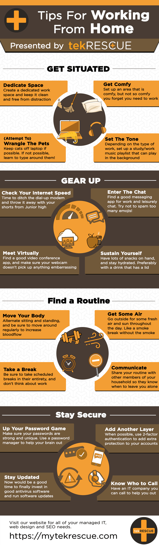 tekrescue infographic work from home An infographic presenting tips for working from home by tekRESCUE. You can find the information in text form below.