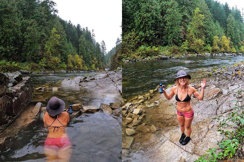 (Left) Southern Washington secret hot spring. (Right) Enjoying beer at a secret hot spring after a long hike near the Columbia River Gorge
