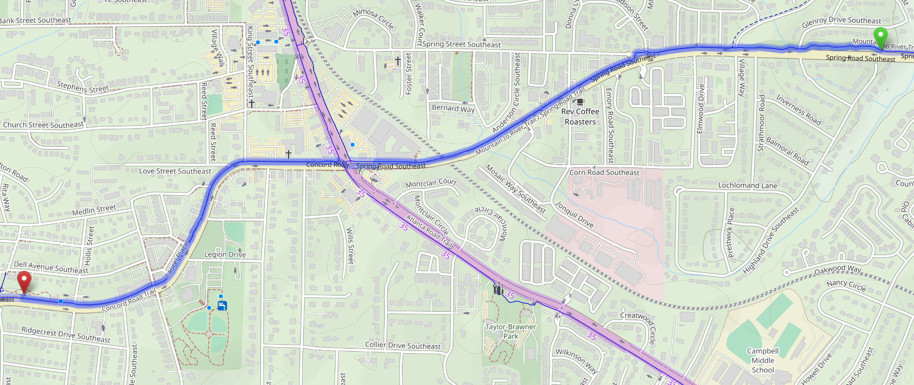 map of the bike trail between Spring Road Linear Park and Concord Road Linear Park