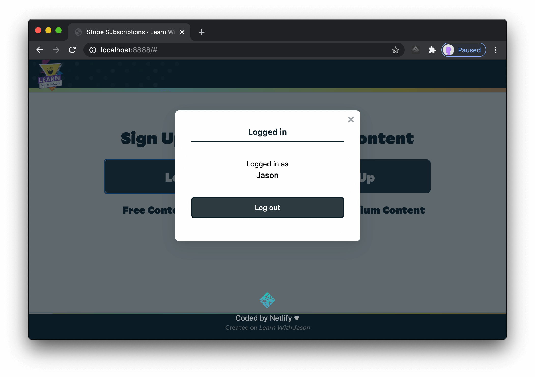 Netlify Identity widget displaying logged in user confirmation.