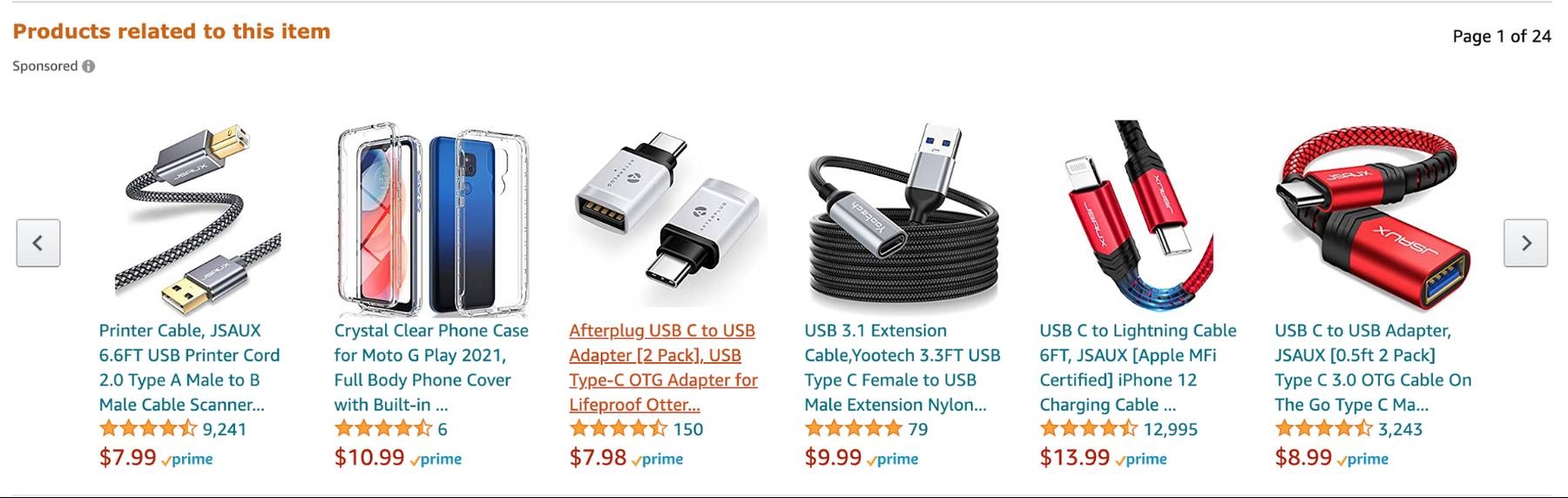 An example of USB cords that Amazon has recommended to a user.