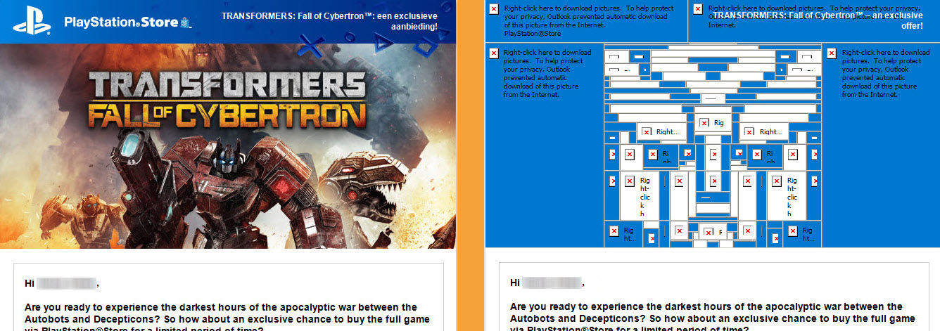 A screenshot comparing the same marketing email side by side where one has the images loaded correctly, and the other is missing images and the background colour used for each slice of the image reveals a pixel art style Autobots logo.