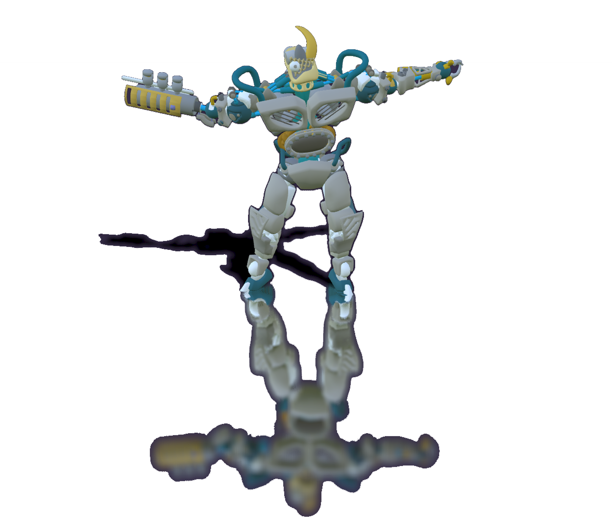 A robot posing with arms outstretched on a smooth surface which is reflecting the image of the robot.
