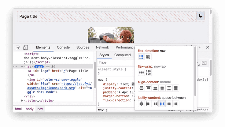 A popup menu in Chrome devtools that you can edit flex properties with by choosing the spacing diagram button that has the value that's appropriate for the layout