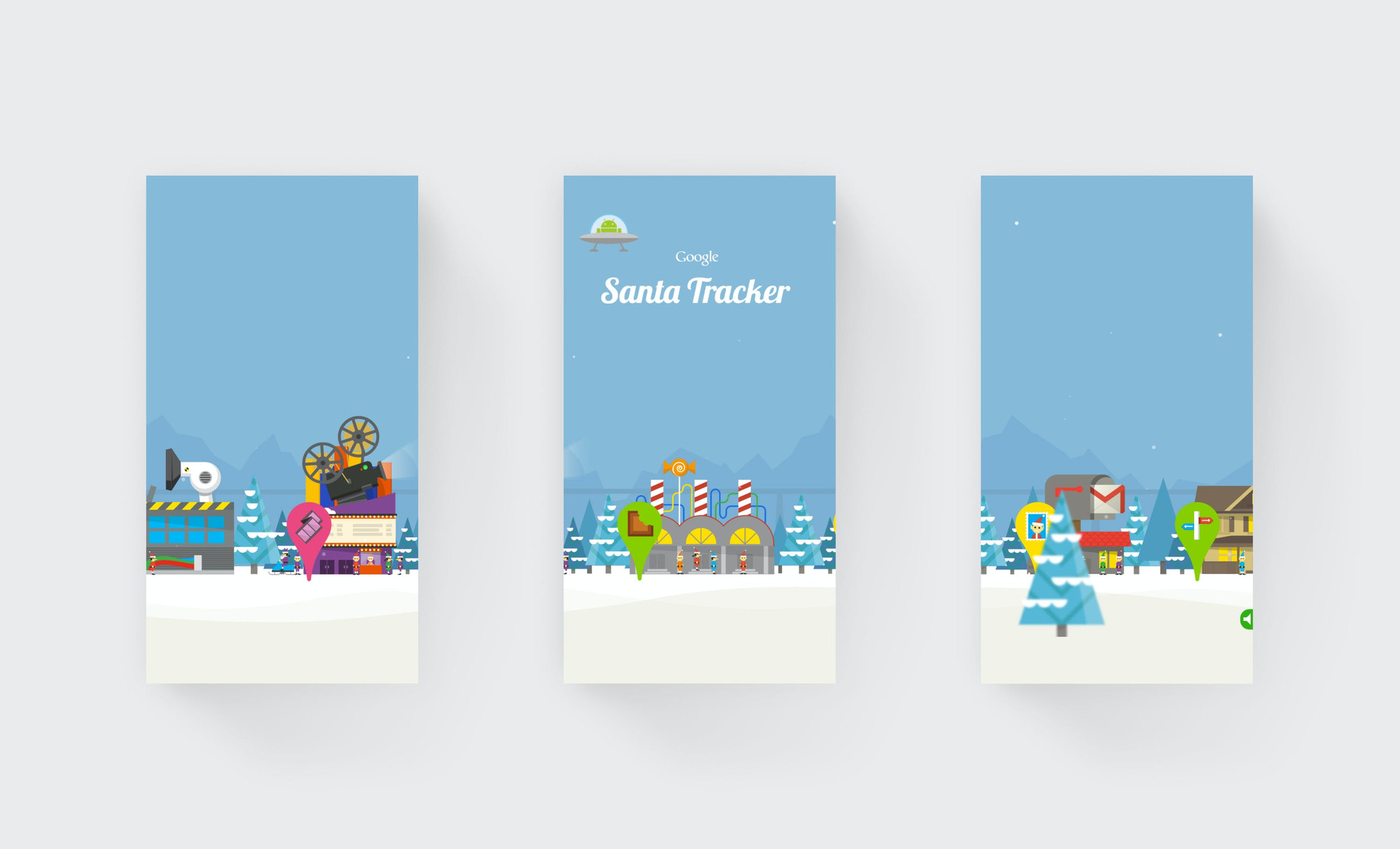 3 images of the Google Santa Tracker landscape