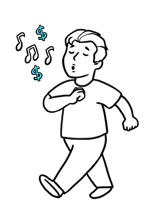 Cartoon character walking, whistling without worry