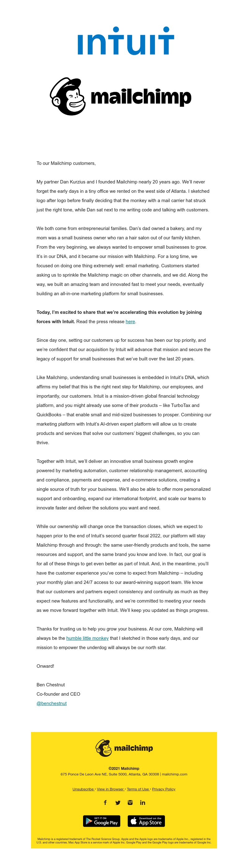 SaaS Company Acquisition Announcement Emails: Screenshot of Mailchimp's announcement email when they got acquired by Intuit
