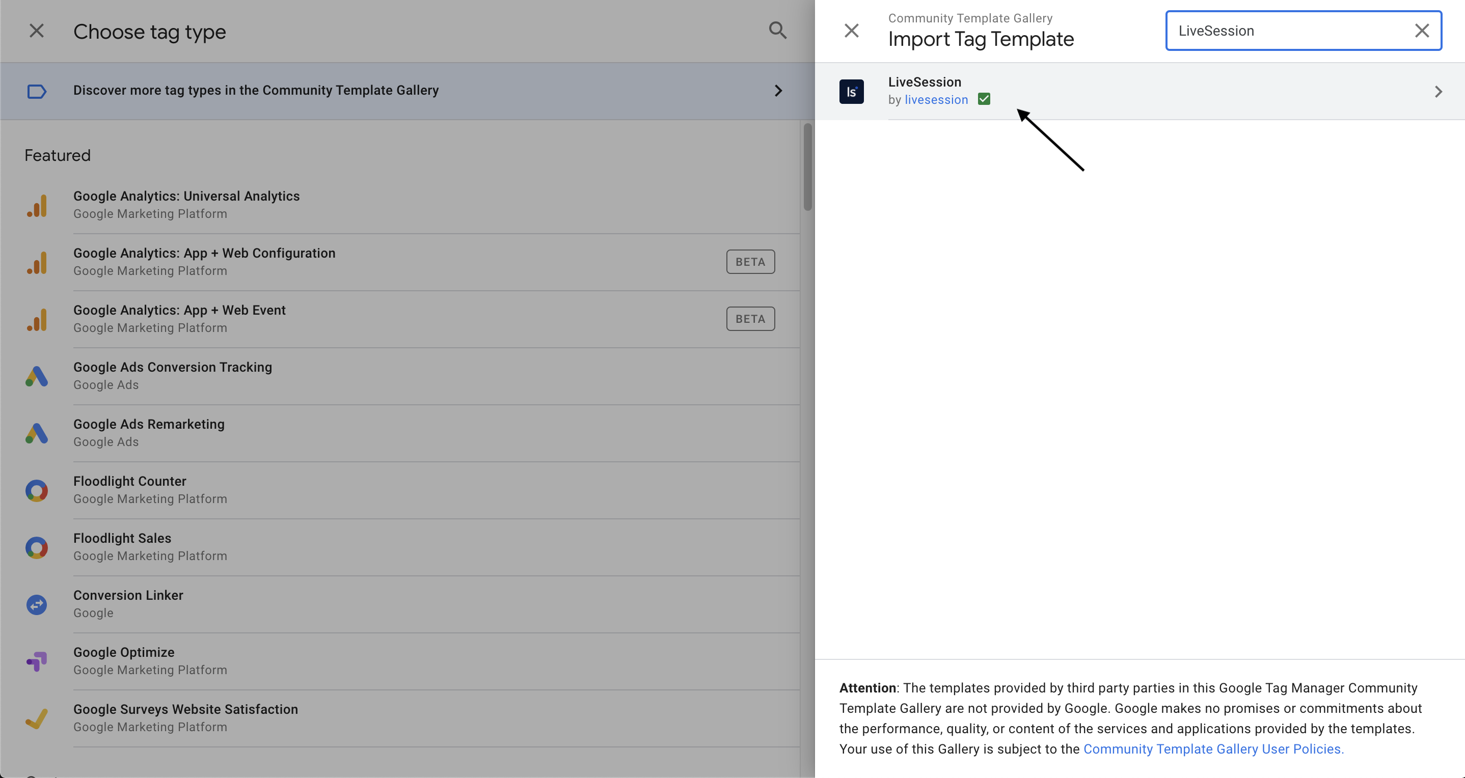 Search for LiveSession Google Tag Manager integration