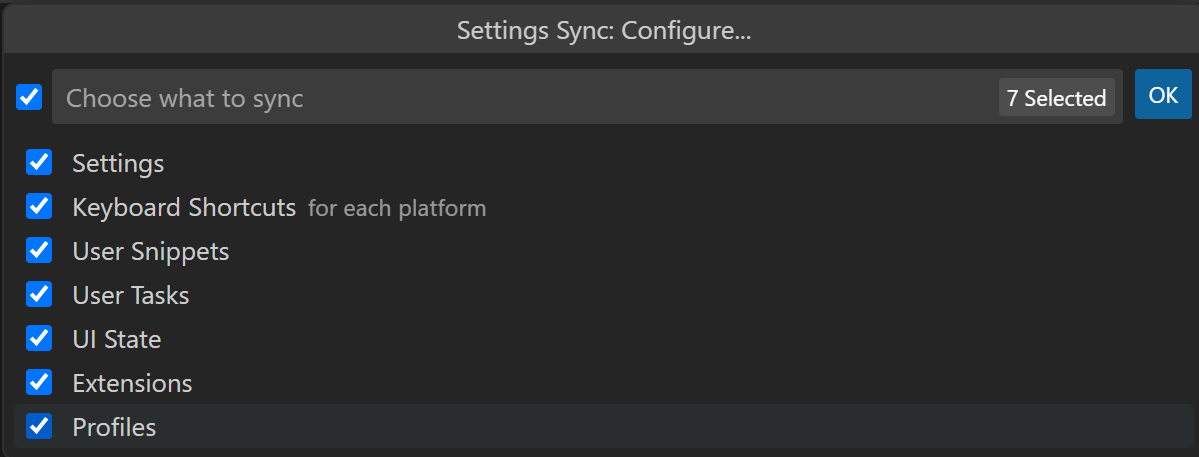 'Settings Sync: Configure' command dropdown with all configuration items selected to be synced such as: Settings, Keyboard Shortcuts, User Snippets, and so on. 