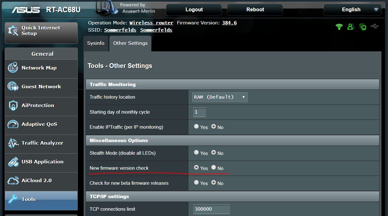 Asus router web interface for enabling firmware version check