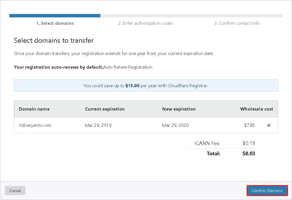 Memilih domain untuk transfer