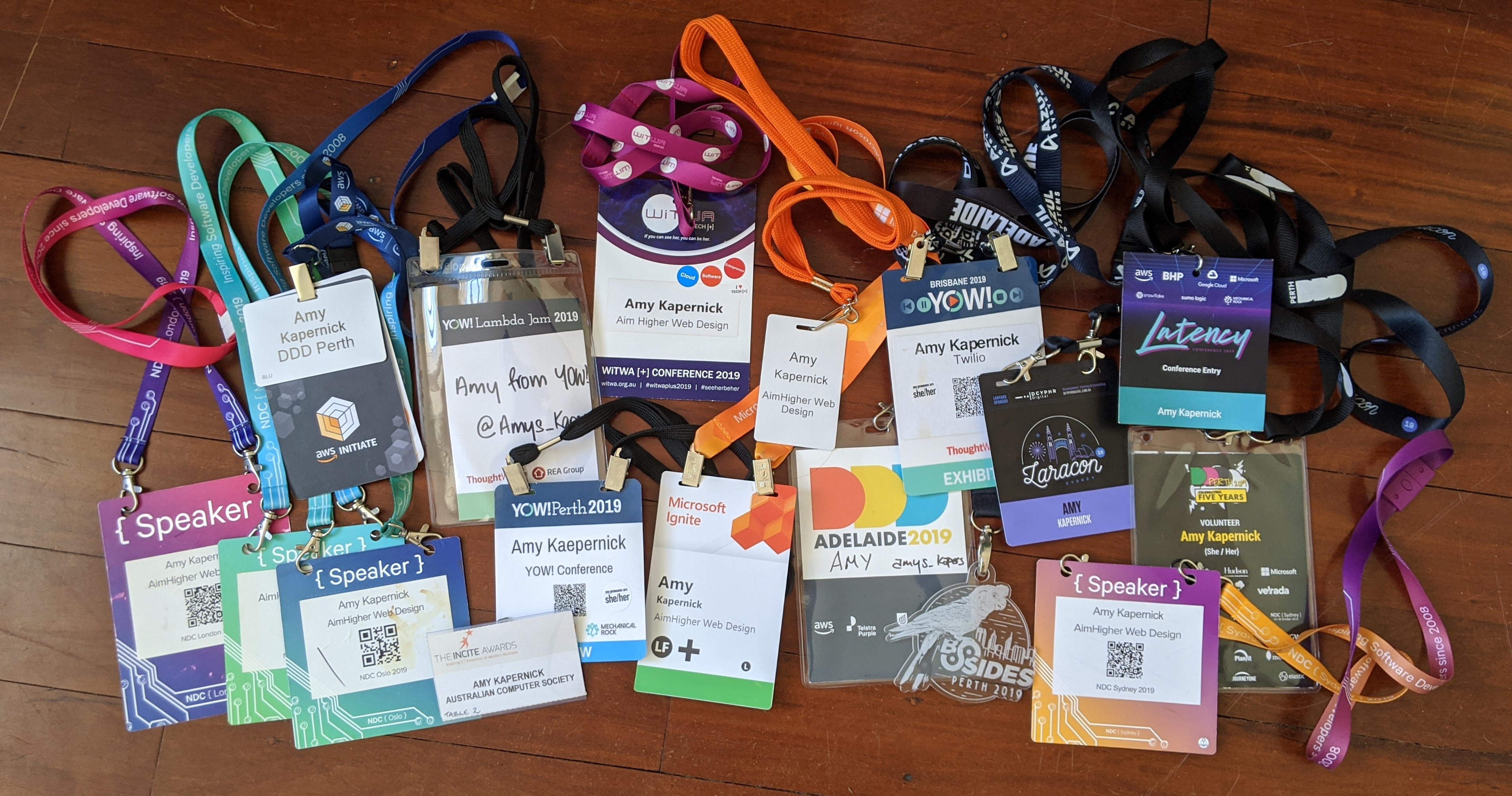 Collection of my conference lanyards from 2019 events