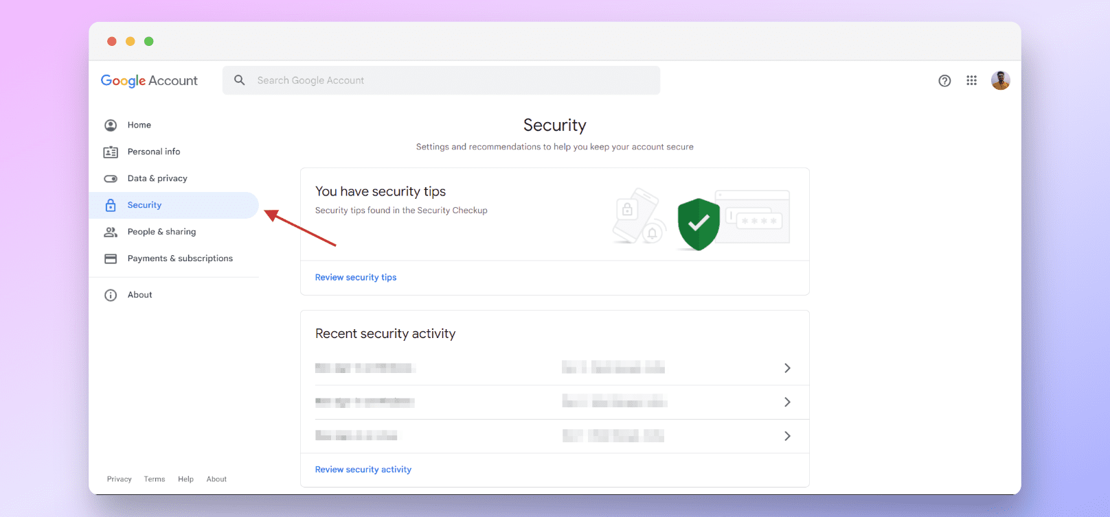 Click on the security option from the menu