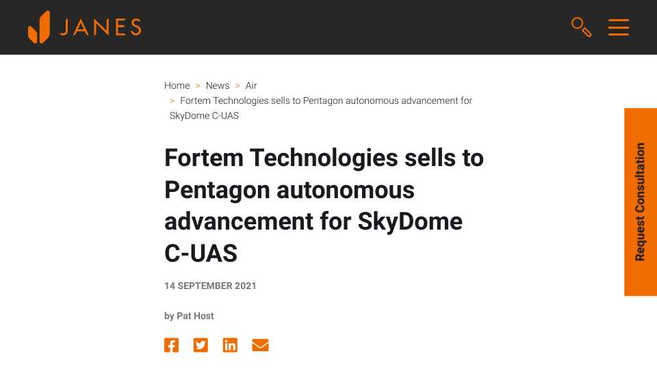 Fortem Technologies Sells To Pentagon Autonomous Advancement For SkyDome C-UAS