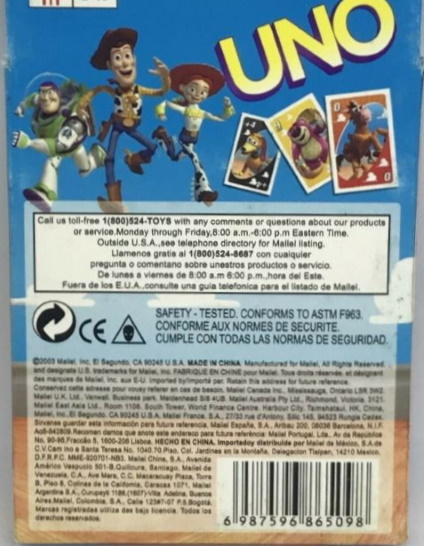 Back of Box for Fake Toy Story Uno