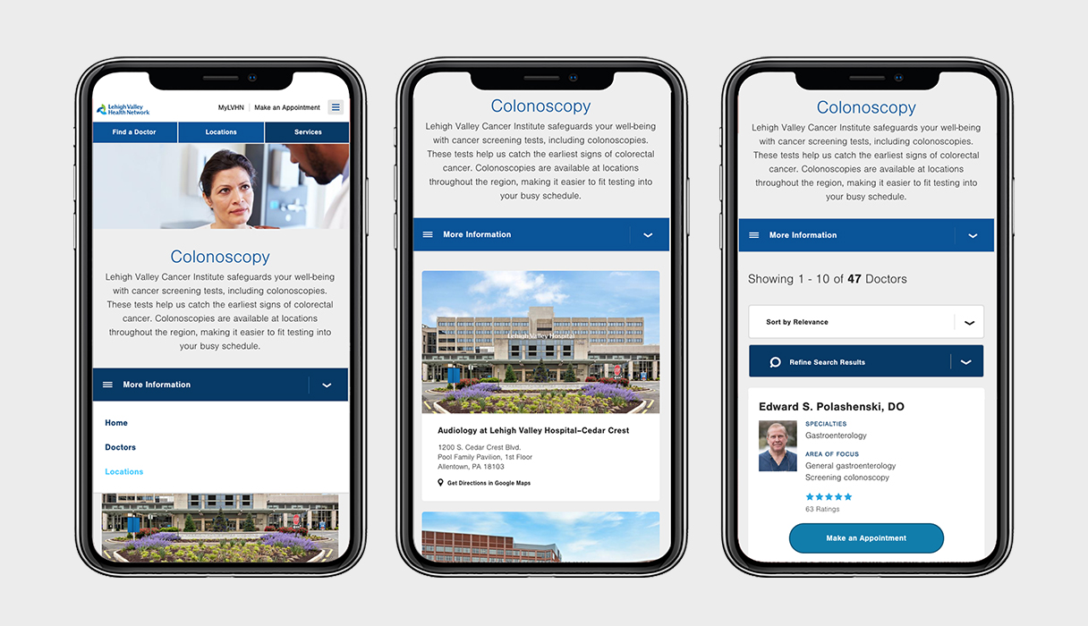 LVHN services pages viewed on three phones.