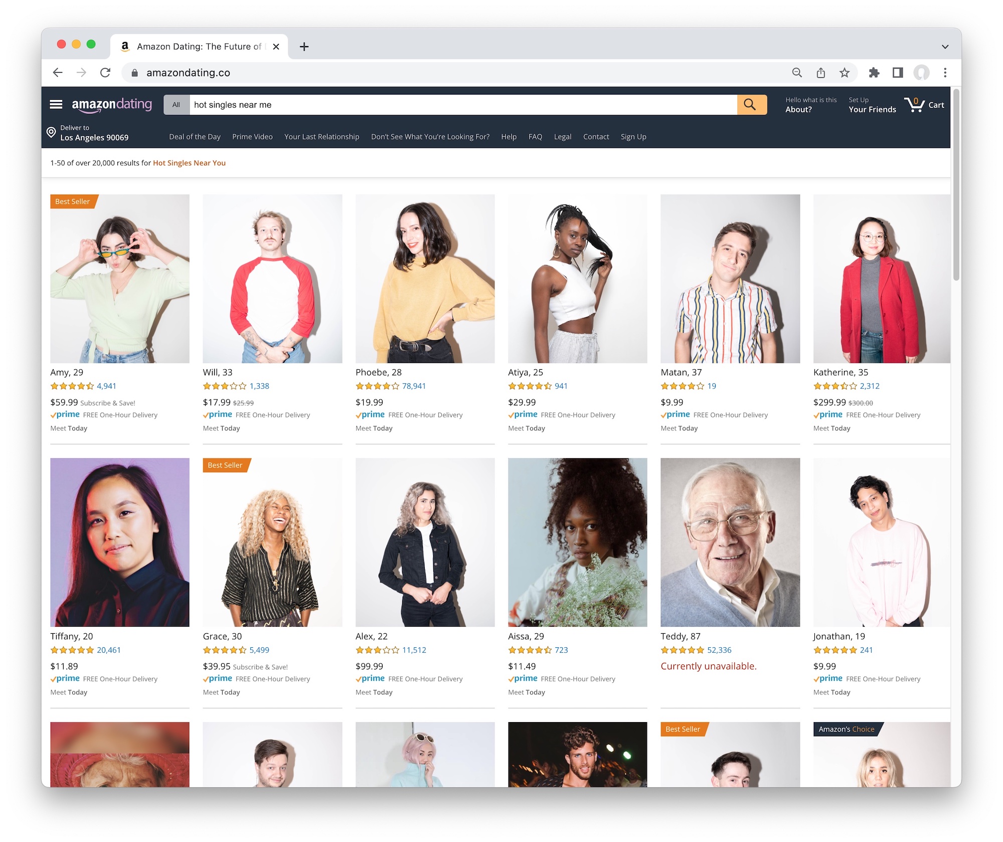 Screenshot of “Amazon Dating”, a satirical website where you browse for dates as if you were shopping on Amazon