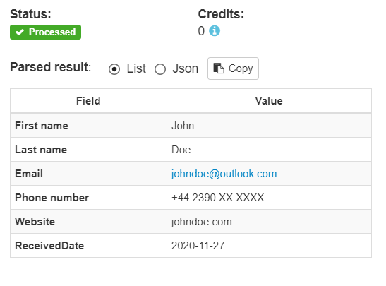 Example of parsed email data