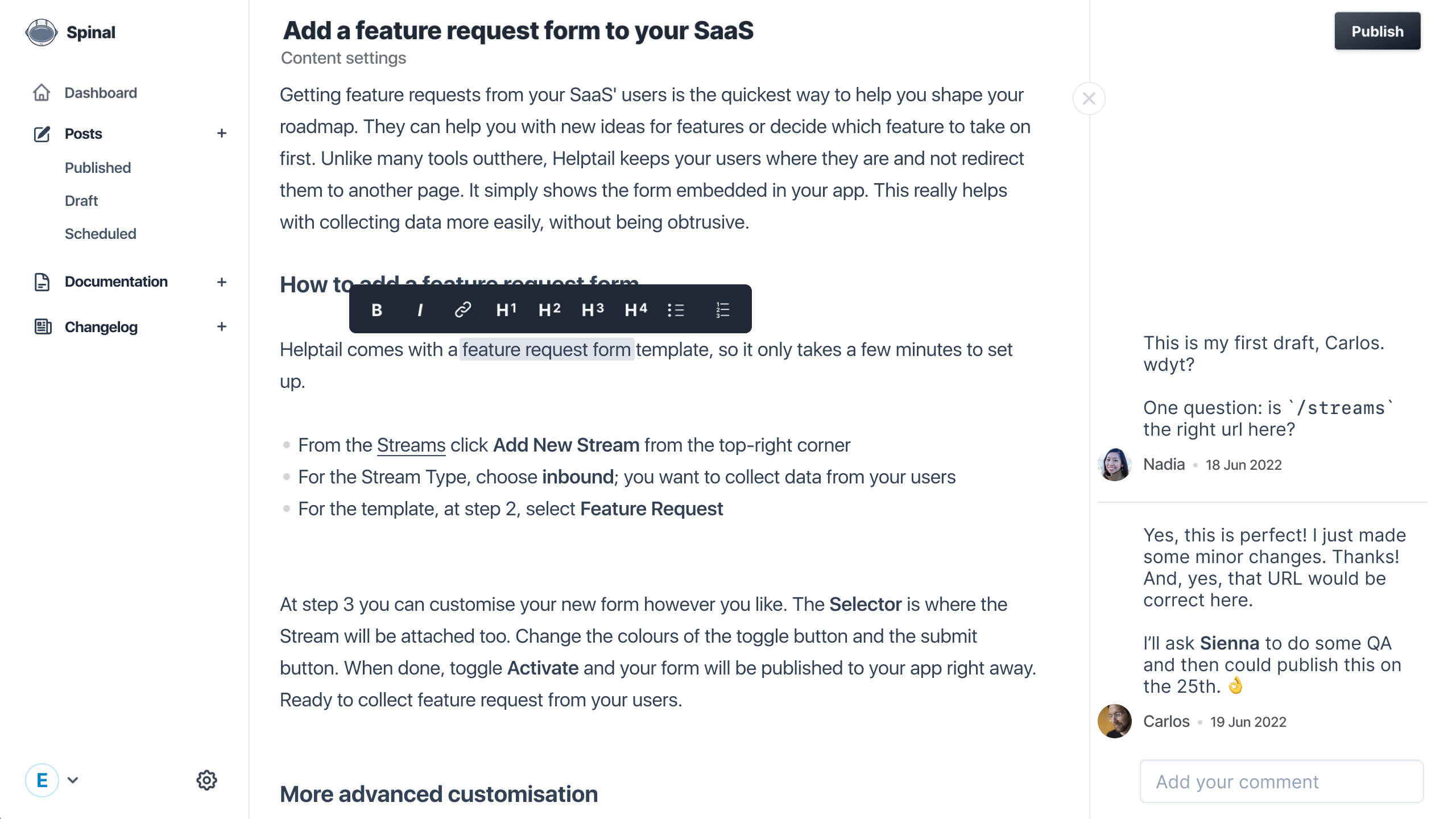 preview of Spinal CMS posts edit screen with navigation on the left, content with a markdown toolbar in the middle and the comments panel on the right