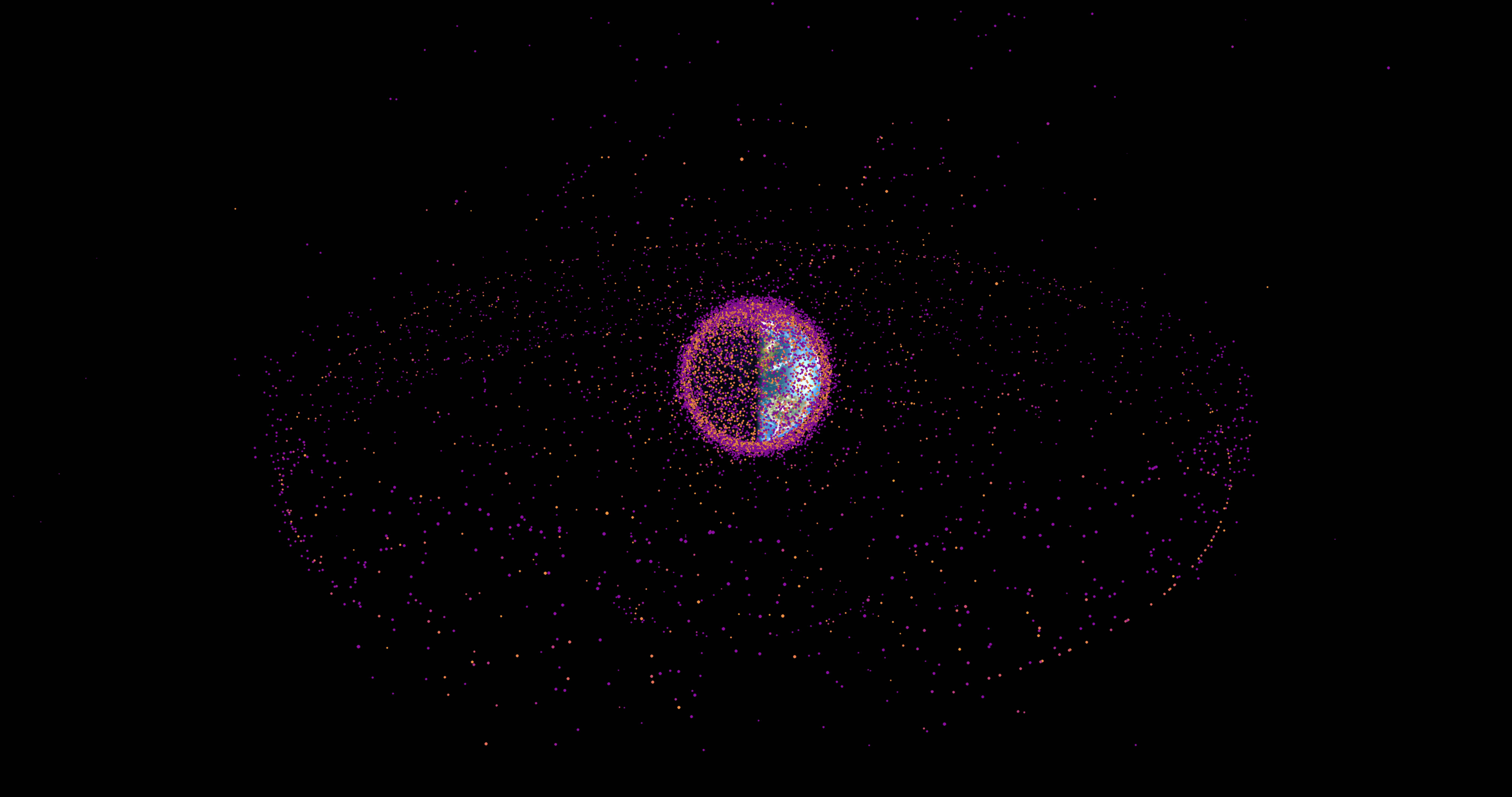 All tracked man-made objects in orbit around the Earth in 2010. Object size is not to scale. Object positions are to scale.