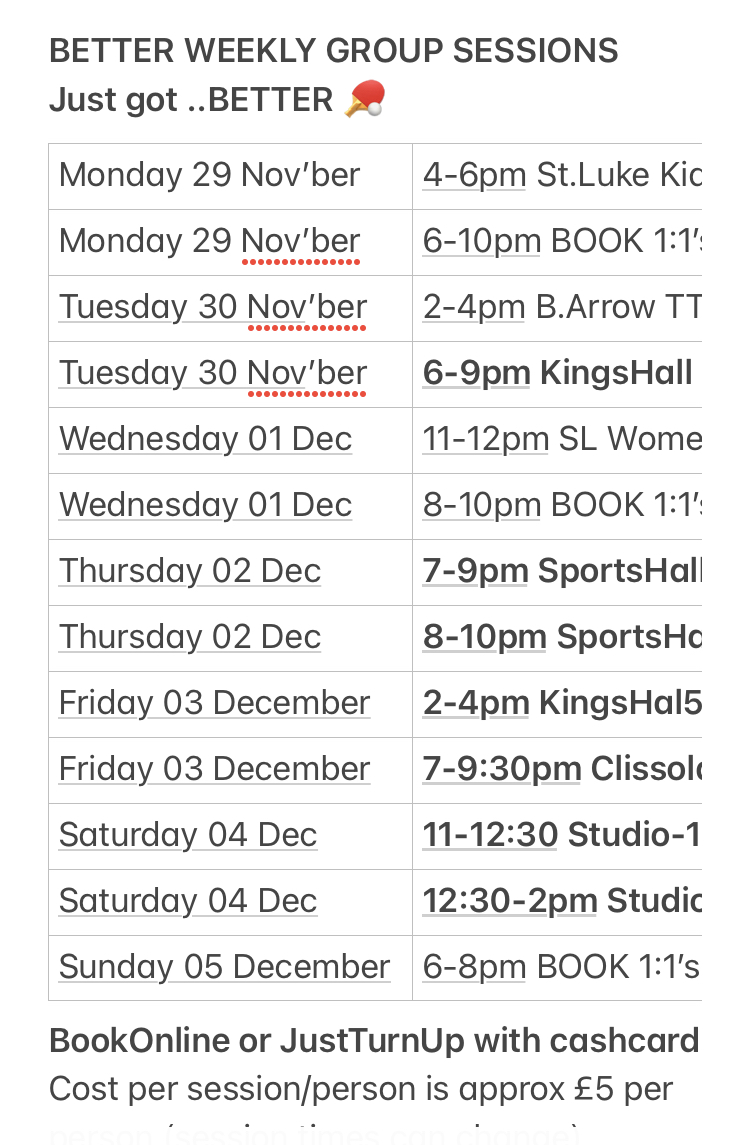 Better Weekly Schedule Clissold Table Tennis Club