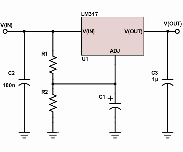 LM317 variable voltage supply, image from electronics-lab.com. Click to see the LM317 calculator