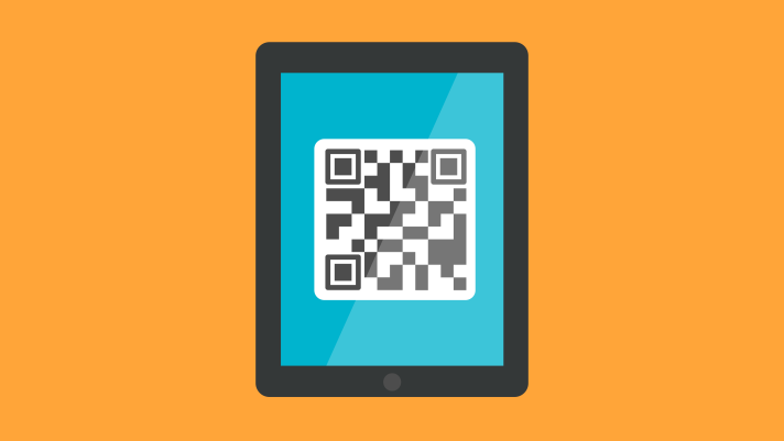 Illustration of an iPad with a QR barcode displayed on the screen