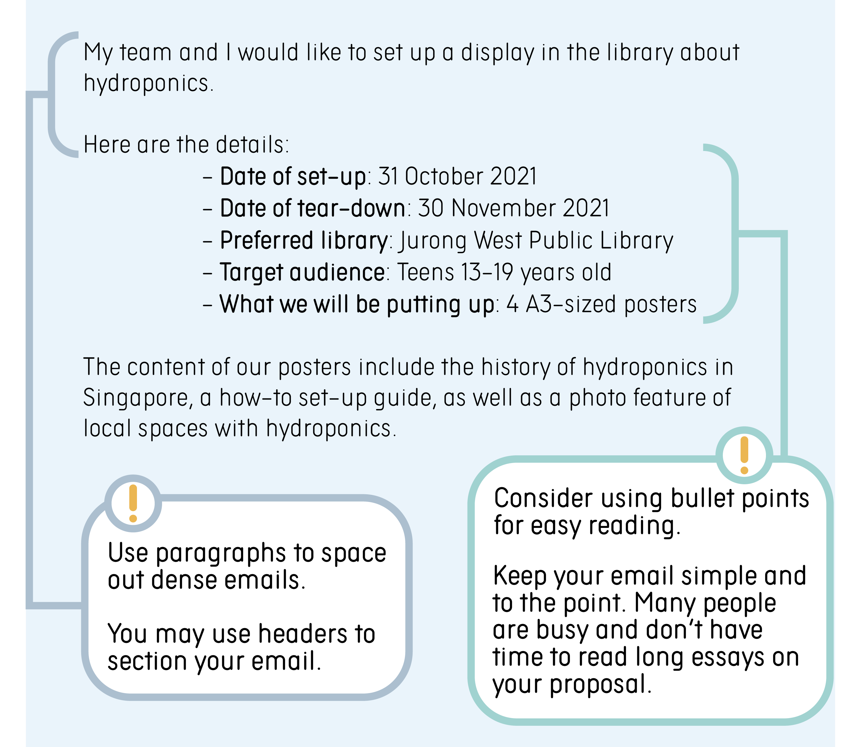 Tips: Keep your email simple and to the point. Many people are busy and don’t have the time to read long essays about your proposal. Consider using bullet points for easy reading. Write all abbreviations in full the first time it’s being mentioned in the email e.g. National Library Board (NLB). Use paragraphs to space out dense emails. You may use headers to section your email. Example: My team and I would like to set up a display in the library about hydroponics. Here are the details: Date of set-up: 31 October 2021. Date of tear-down: 30 November 2021. Preferred library: Jurong West Public Library. Target audience: Teens 13-19 years old. What we will be putting up: 4 A3-sized posterboards. The content of our posters include the history of hydroponics in Singapore, a how-to set-up guide, as well as a photo feature of local spaces with hydroponics.