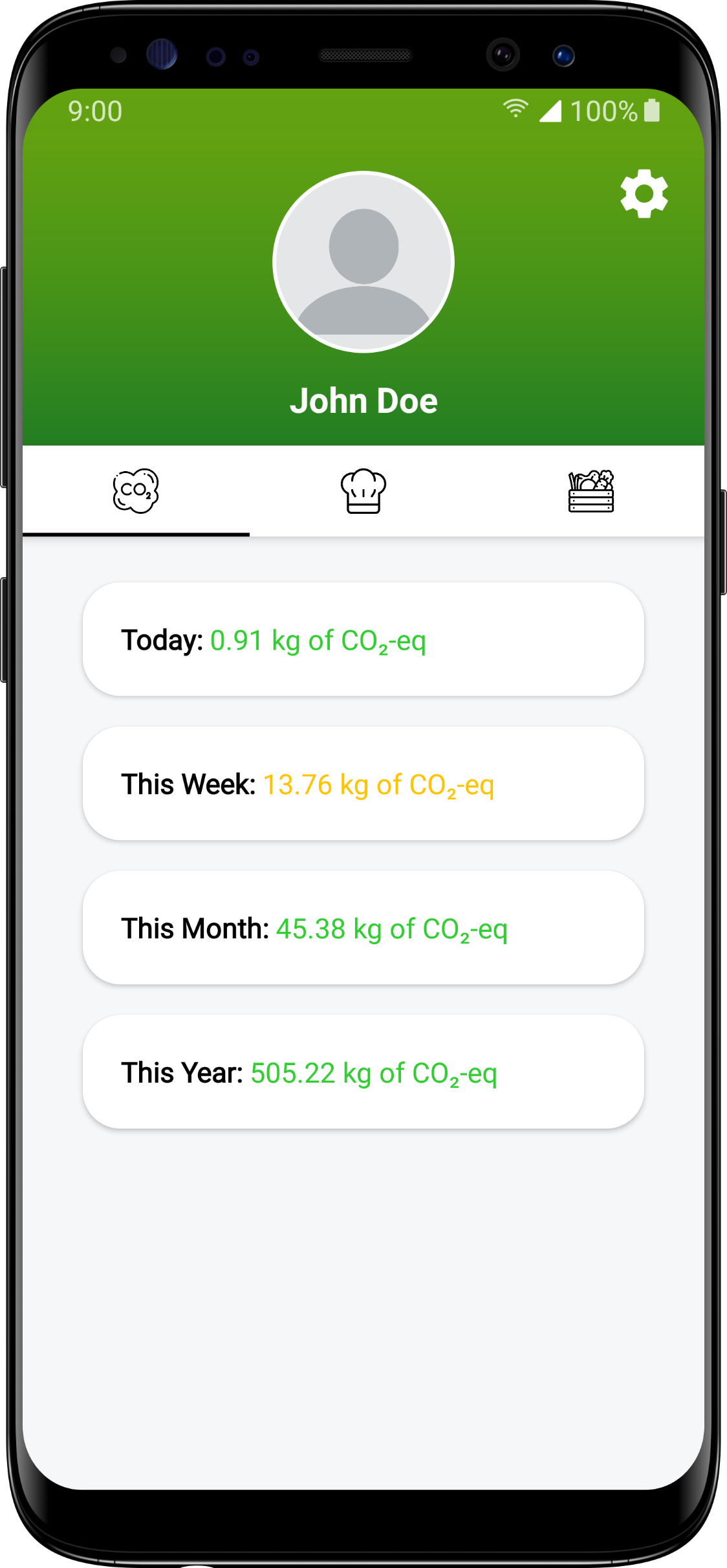 Mobile screen that shows the user's emissions measured in carbon dioxide equivalents for the current day, current week, current month, and current year.
