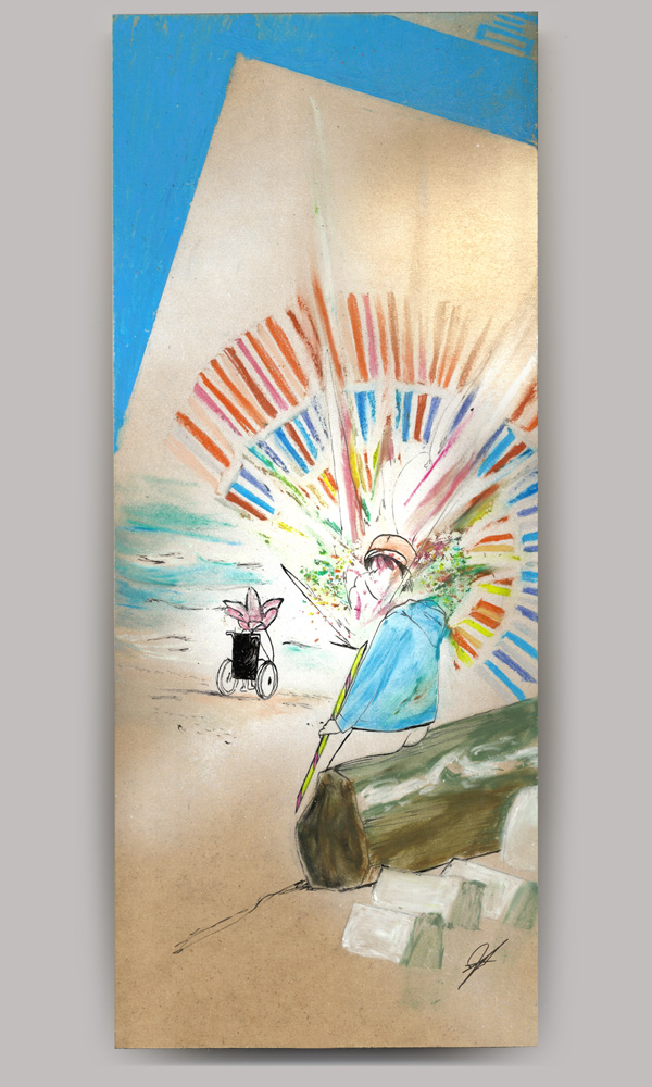 An acrylic painting on wood panel, titled 'Hana-bi', of two surreal figures at the beach. In the distance a figure with a flower as its head sits in a wheelchair close to the water. The other sits on a piece of driftwood with a roman candle exploding in an kaleidoscope effect.