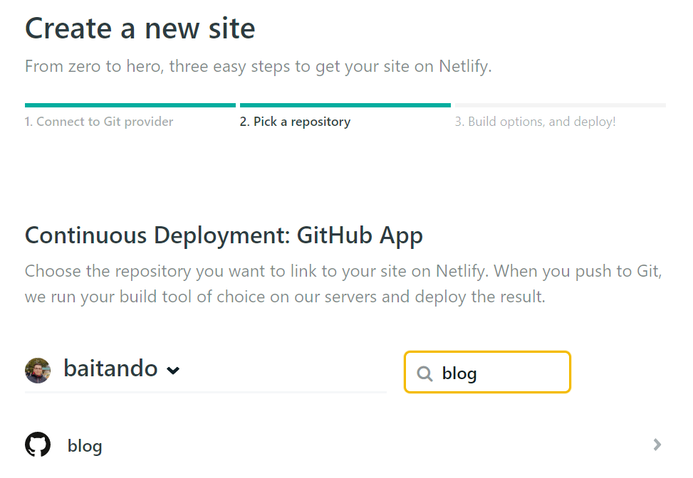 Select the Git Repository as Second Step of Creating a Site on Netlify