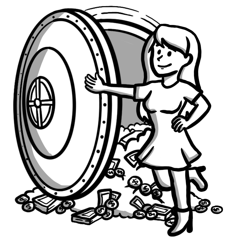 Character opening and showing their vault, which is overflowing with money.