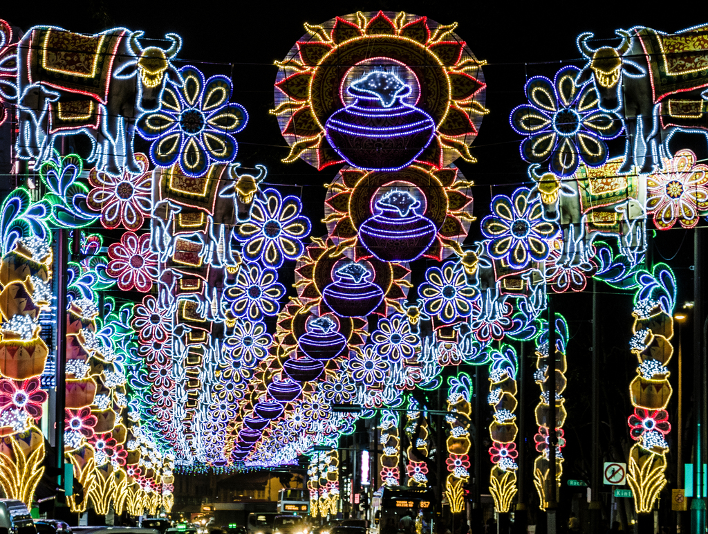 Decorated streets at night in Little India Singapore
