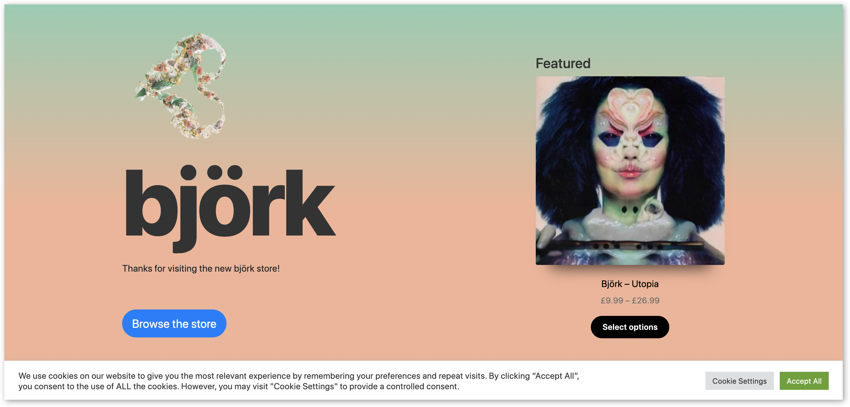 Björk&#39;s official store, made with WooCommerce, features a cookie banner.