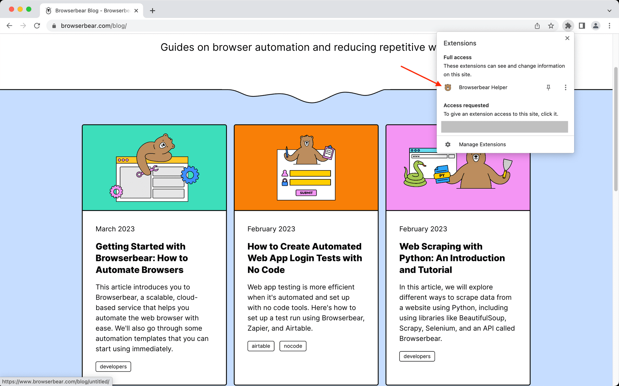 Screenshot of Browserbear Helper Chrome extension activation