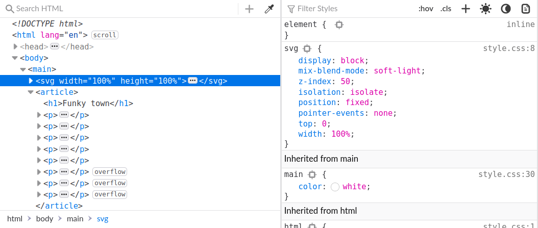 looking at webpage in firefox devtools with svg element selected