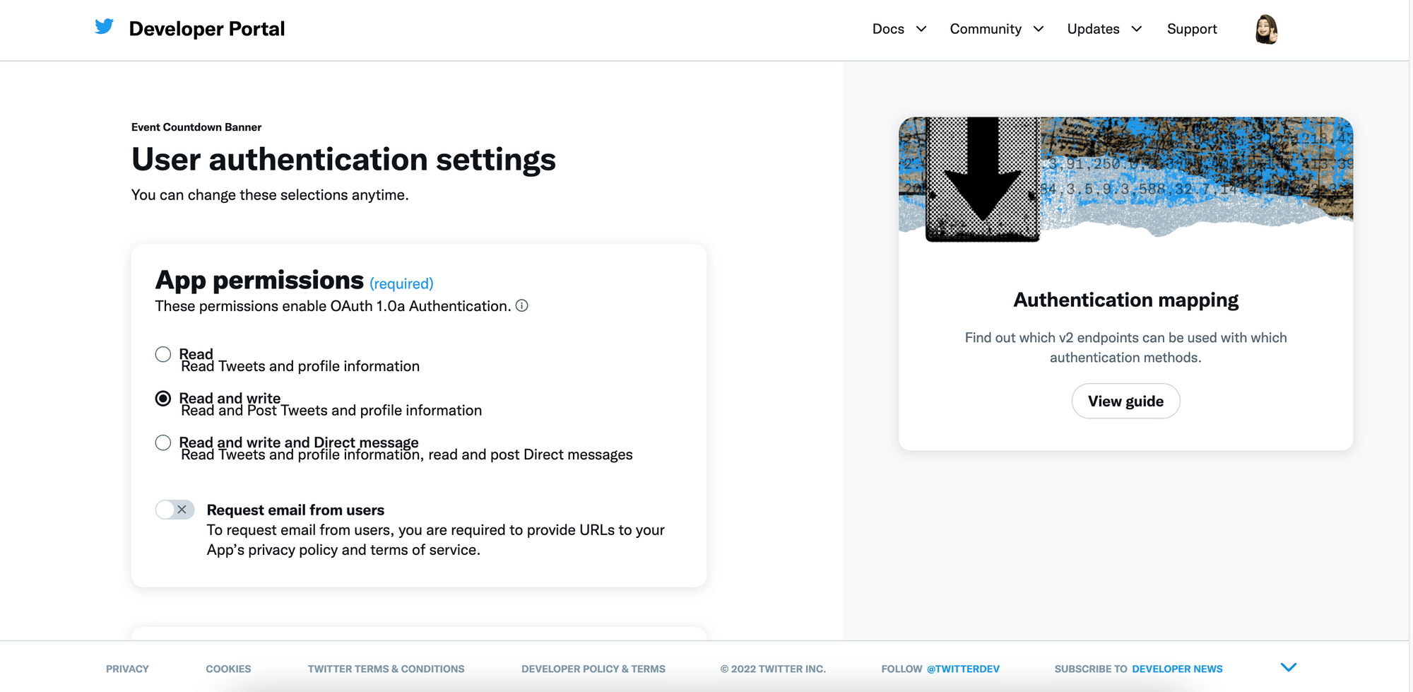 a screenshot of the Twitter app settings-user authentication settings