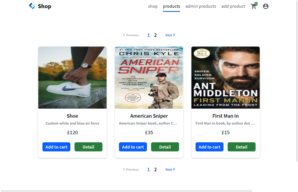 Mockup of online shop project. Has a navigation for admin products, product, add products, cart, profile. Shows product cards for main content with "Add to cart" and "Detail" buttons.