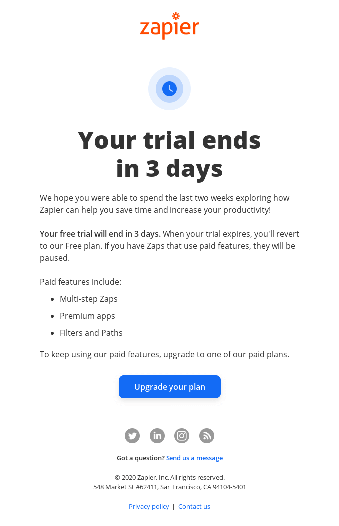 SaaS Trial Expiration Emails: Screenshot of trial expiration email from Zapier