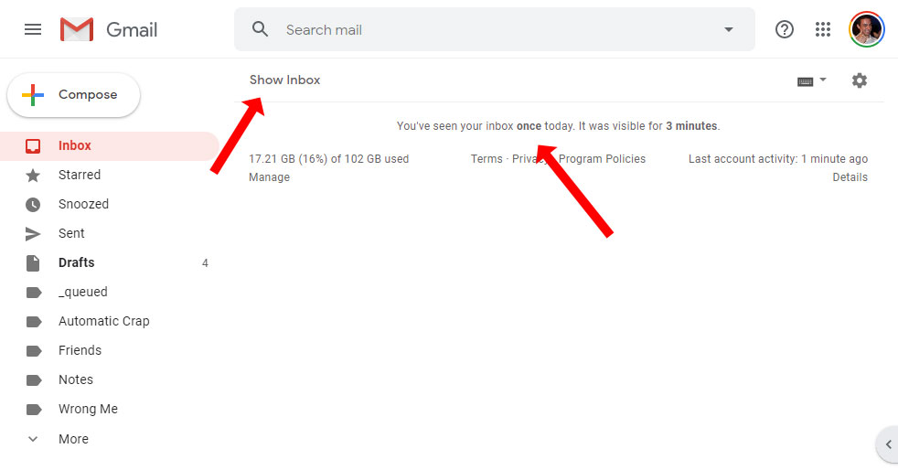 Gmail screenshot with Inbox When Ready enabled