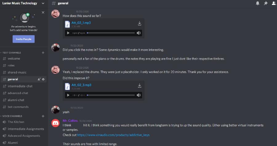 Our Music Technology Discord channel is active all the time with learners asking for advice on their projects. Even though learners are on Thanksgiving break, they are able to ask and receive feedback.