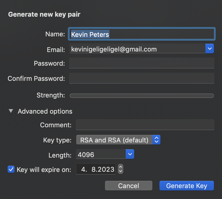 Screenshot of generating a key pair in GPG Suite