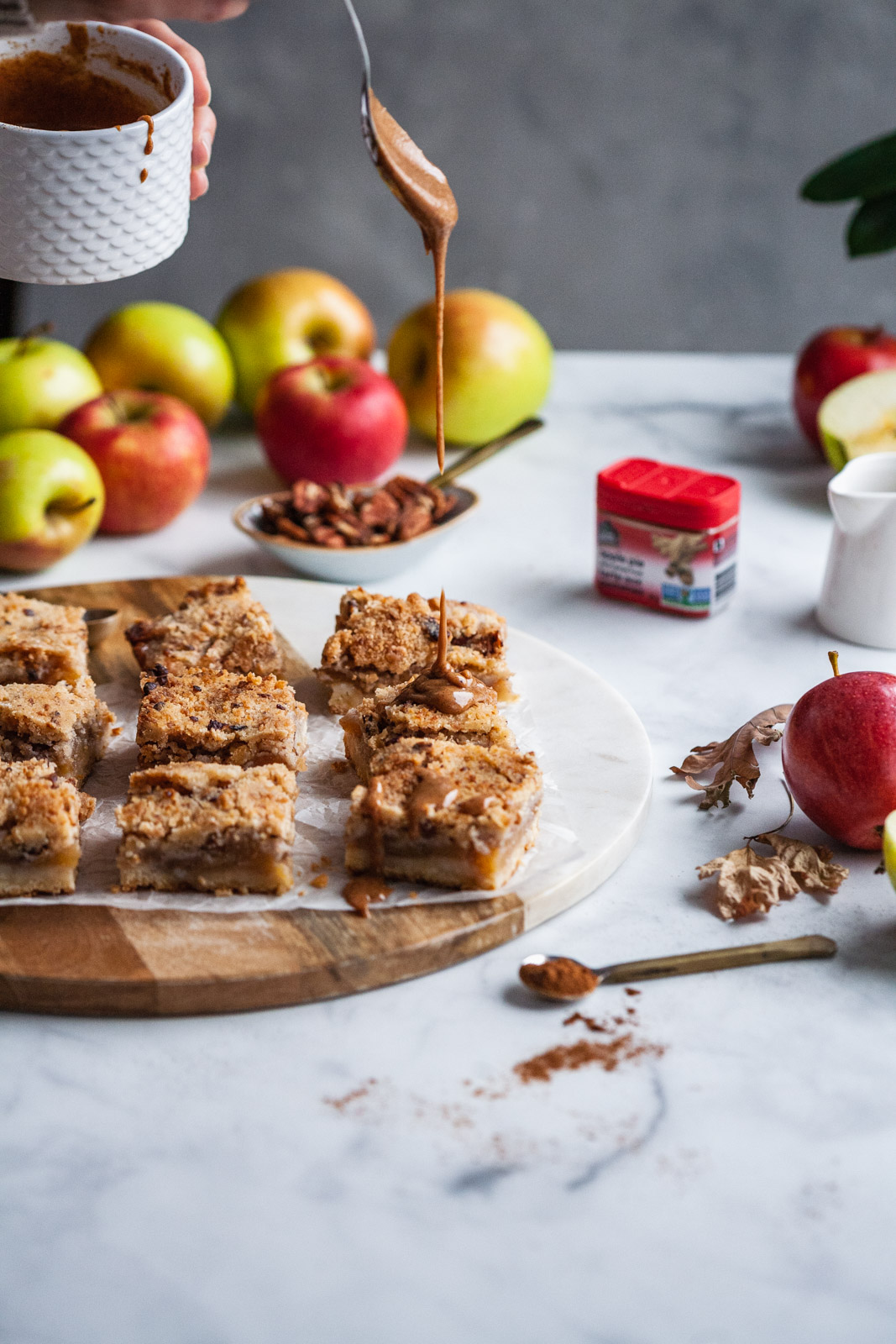 Apple Kuchen Bars With A Spiced Salted Pecan Caramel