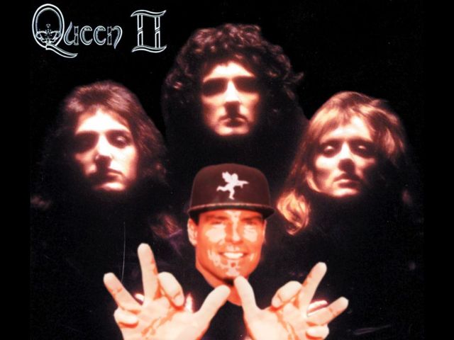Queen II album cover
with four faces on a black background,
but Vanilla Ice is doing turtle-hands
where it should be Freddie Mercury
