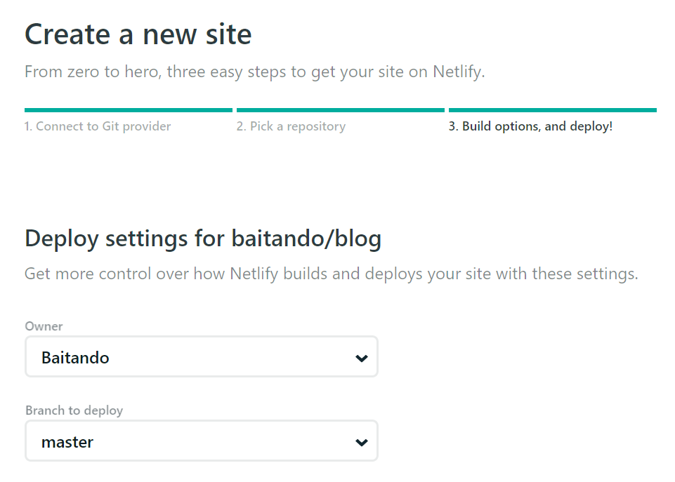 Basic Site Configuration as Third Step of Creating a Site on Netlify