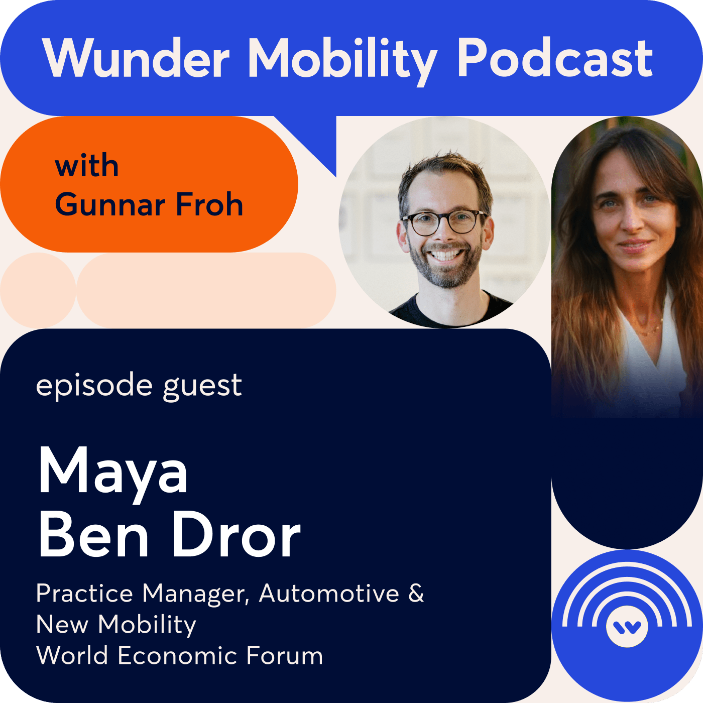 Wunder Mobility Podcast template featuring Maya Ben Dror and Gunnar Froh bubble shaped images.