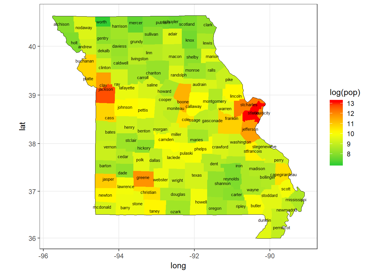 Missouri Population (Log) by County, 2009