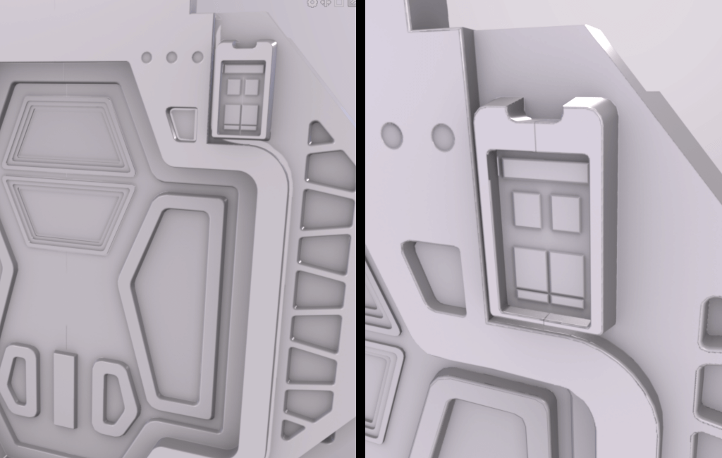 Image on the left showing the mesh without black spots, on the right a closeup of the part I had to manually edit the offset cage.