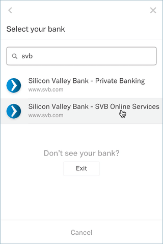 A screenshot of the modal dialog showing you how to select your bank