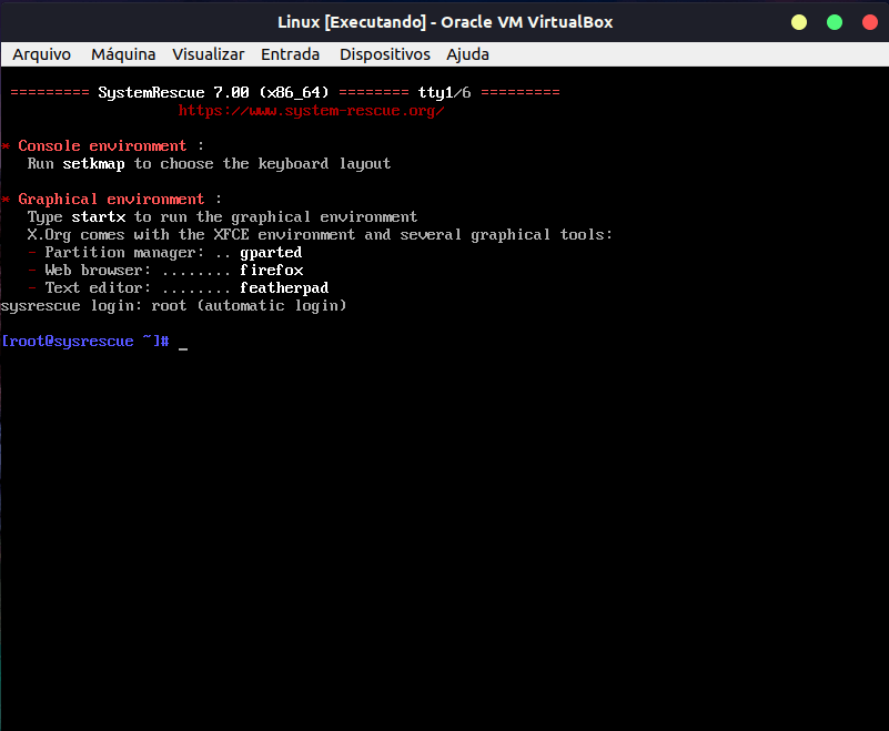 Terminal inicial da ferramenta SystemRescueCd